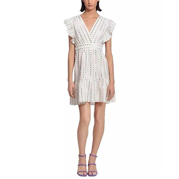 Donna Morgan Embroidered White Flutter-Sleeve Two-Tier V-Neck Mini Dress 10 NWOT - Picture 1 of 13